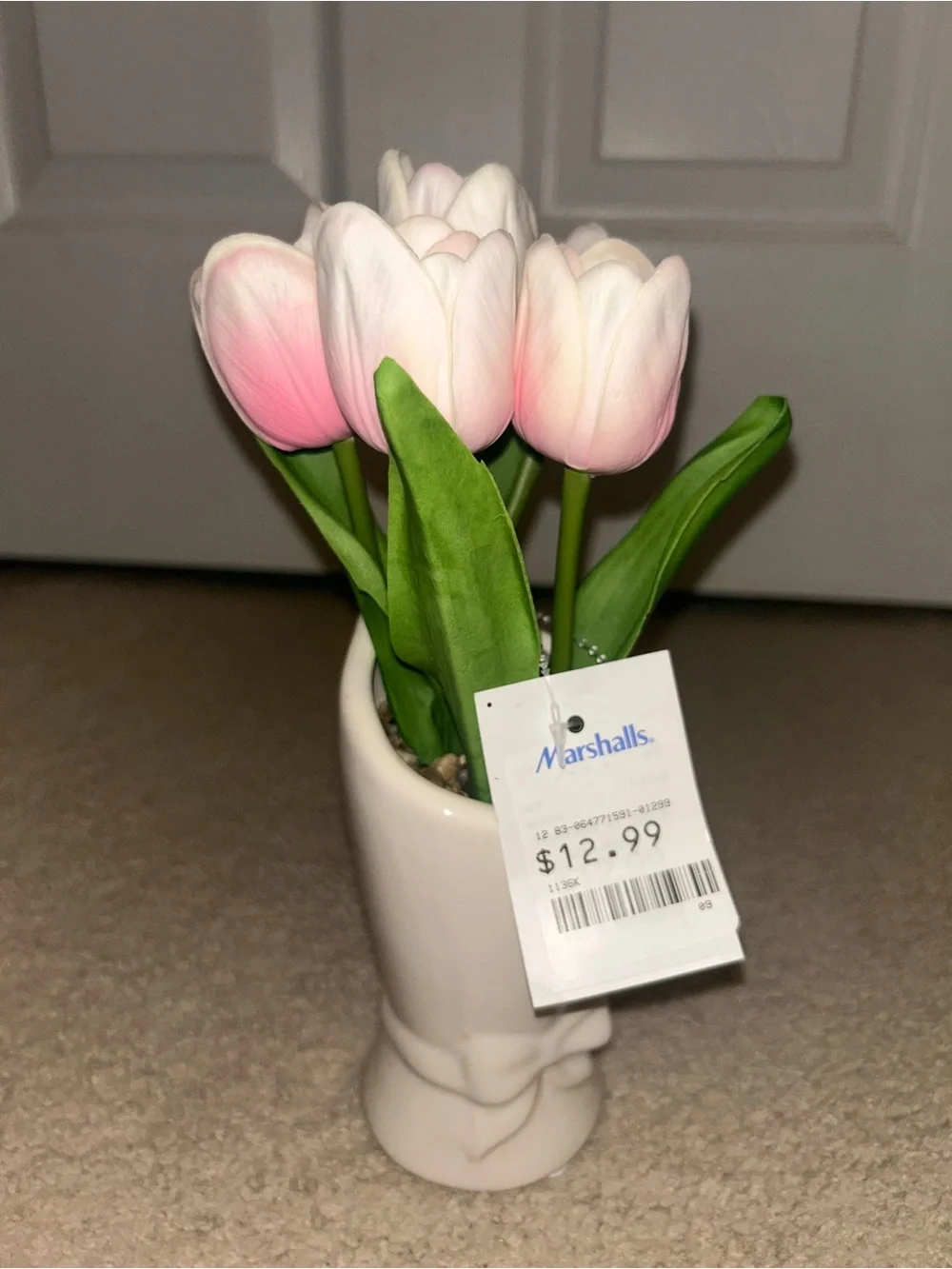 Pink Tulip Faux Floral in White Ceramic Vase Decoration